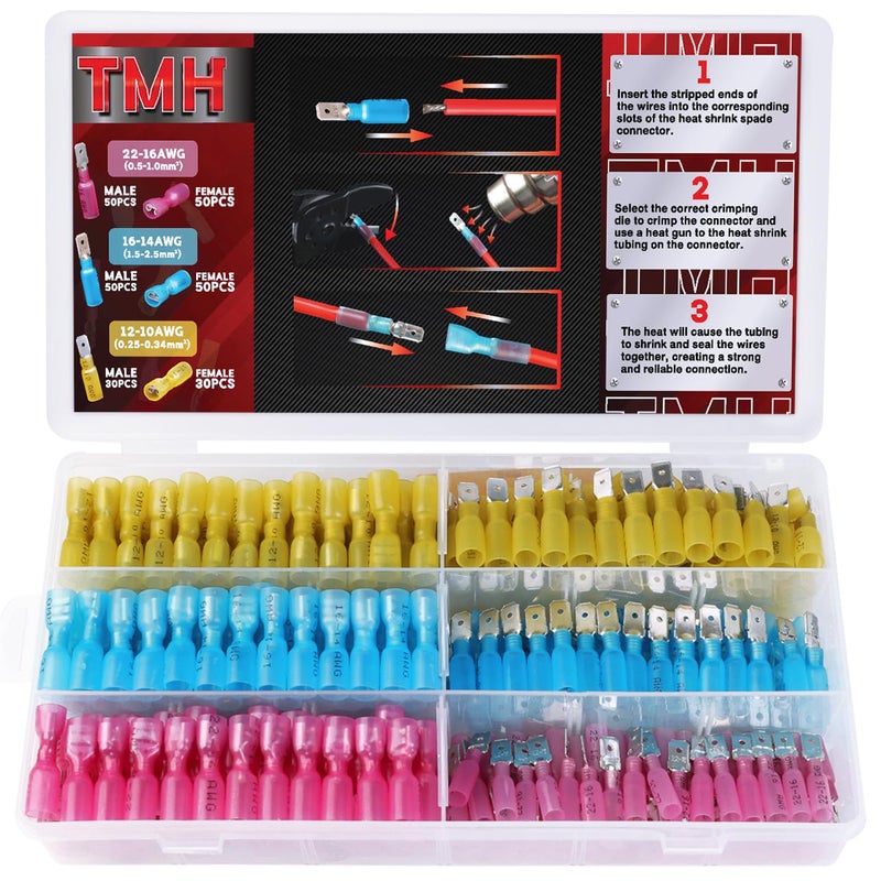 TMH 260 PCS Heat Shrink Spade Connectors AWG 22-10 Electrical Wire Connectors - Female and Male Spade Terminals for Watercraft, Electronics, Automotive Crimp Connectors - Image 1